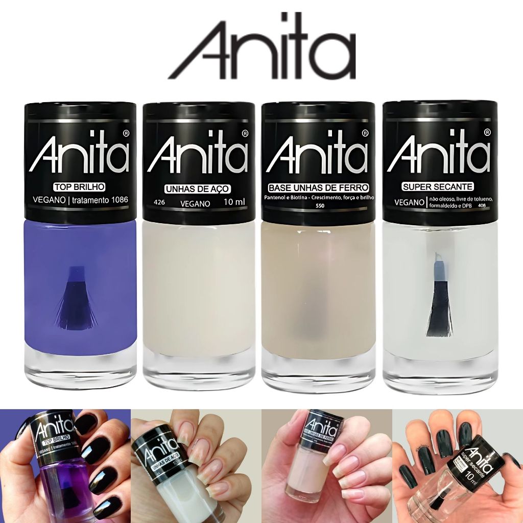 Kit Esmaltes Base Anita Unhas De Ferro Aço Top Brilho Secante Atacado