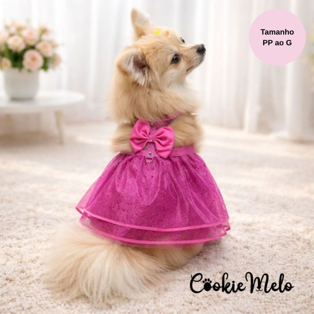 Coleira Peitoral Pet Gato Cachorro Com Saia e Laço Fema Vestido Roupa Passeio