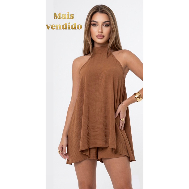 Macaquinho Feminino 2 Peças Conjunto Leve Confortável Casual Verão Tendência