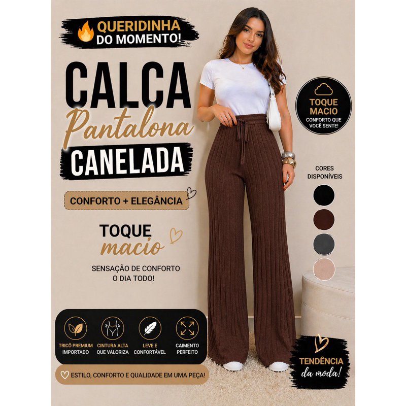Calça Pantalona Feminina Tricô Canelado Importado Toque Macio Cintura Alta Elegante Conforto Premium