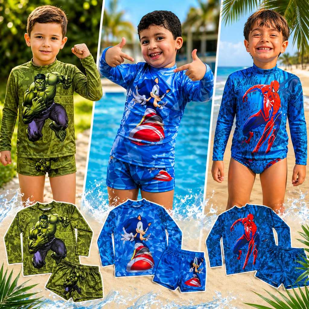 Conjunto Infantil UV Proteção Solar Menino Personagens Manga Longa + Sunga Praia Piscina Hulk Sonic Homem-Aranha 2 ao 12