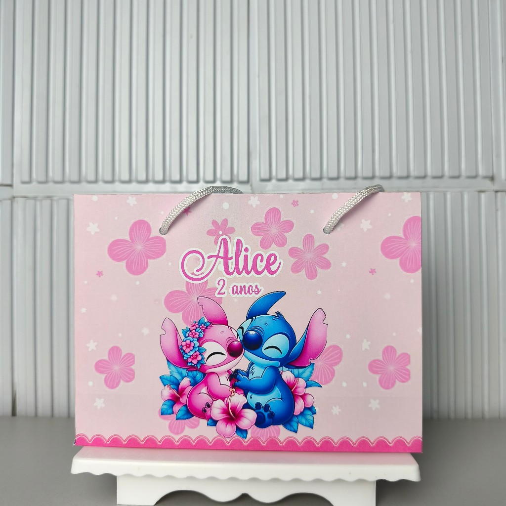 Sacolinha Personalizada PEGUE E MONTE Stitch e Angel - Lembrancinha Festa Infantil - Sacola Surpresa