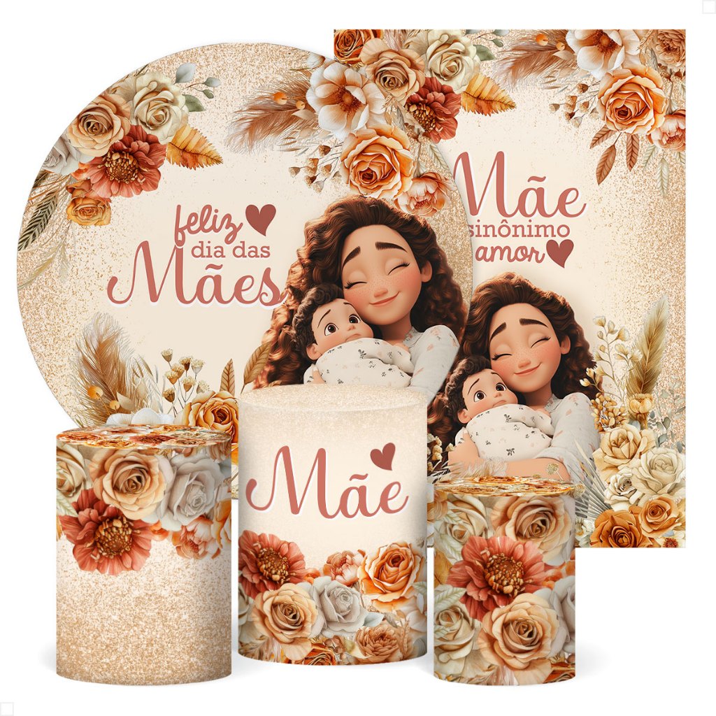 Decoração Dia das Mães: Capa de Cilindro Decorativas Dia das Mães e Painel Veste Fácil Sublimada