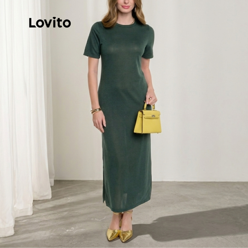 Lovito Vestido Feminino Mangas Curtas Malha Tricot DRB16781708