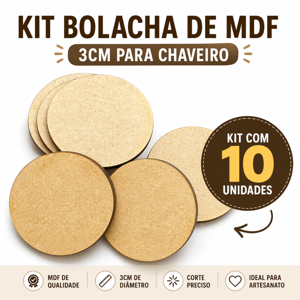 Kit Bolacha de MDF 3cm para Chaveiro Enfeites Decoração 10 Unidades
