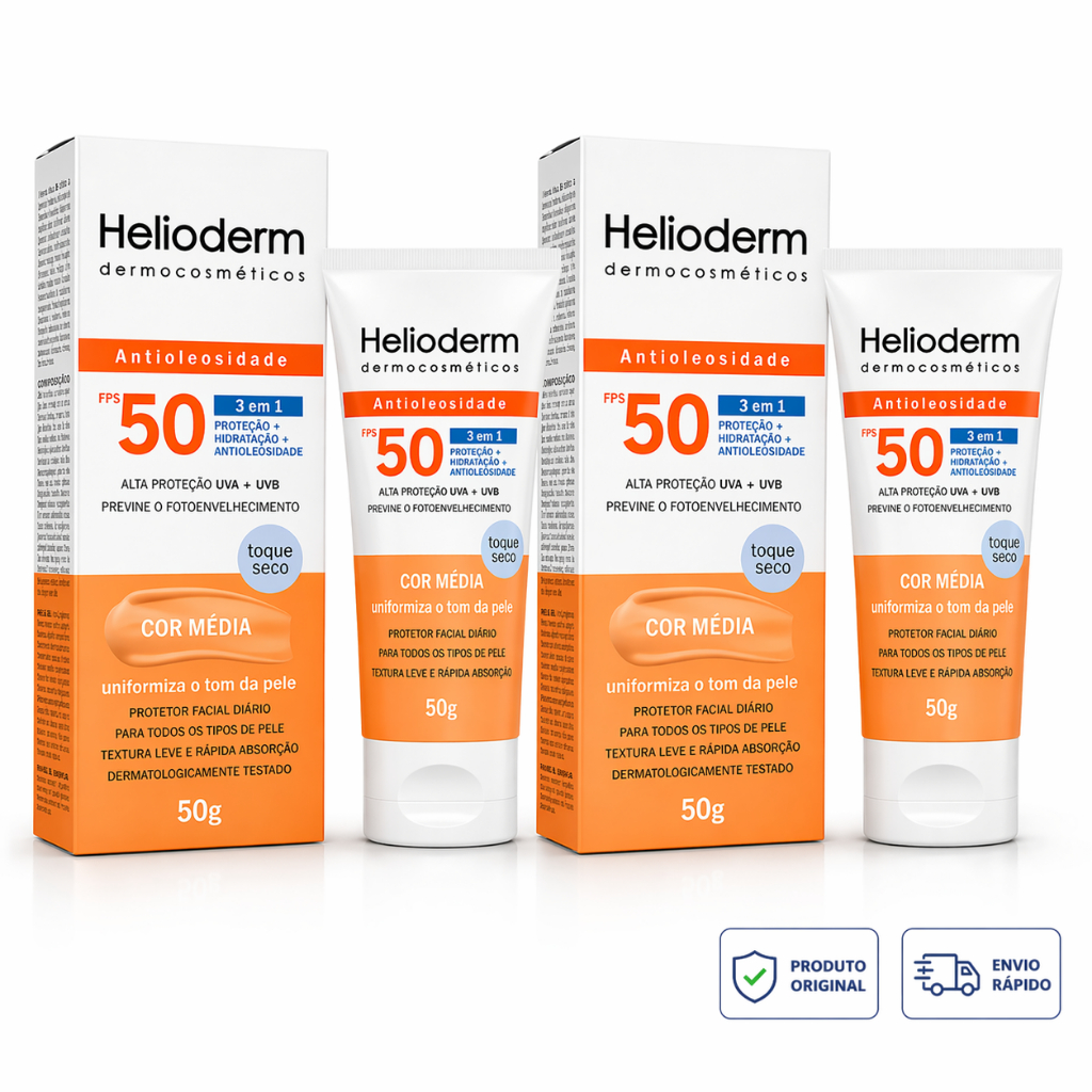 Kit 2x Protetor Solar Facial FPS 50 Helioderm 50g Cor Média | Toque Seco | Uso Diário | Envio Rápido
