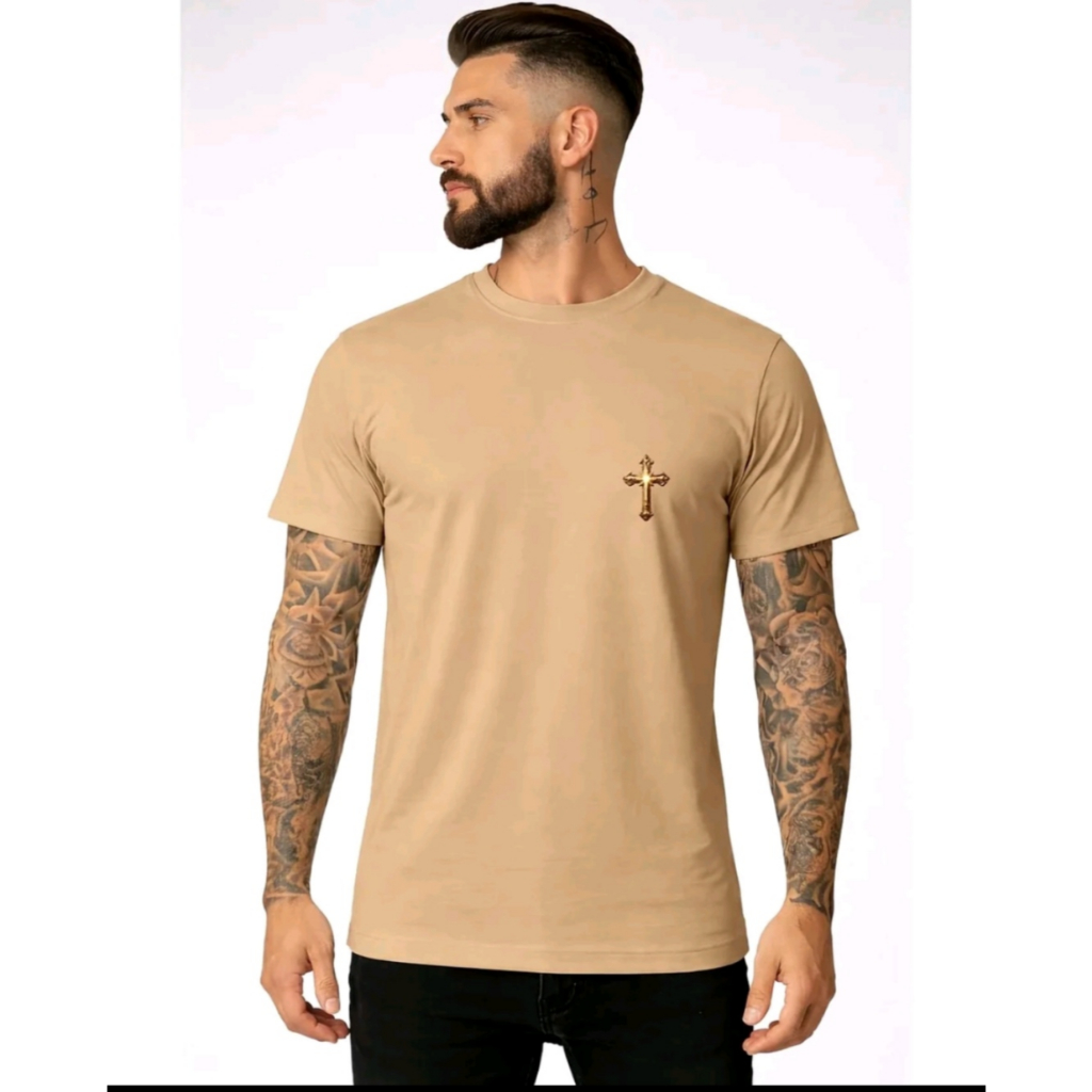 Camiseta Masculina Estilo Religioso  – Cruz Dourada - Camisa gospel Cruz Dourada, camiseta 100% ✨