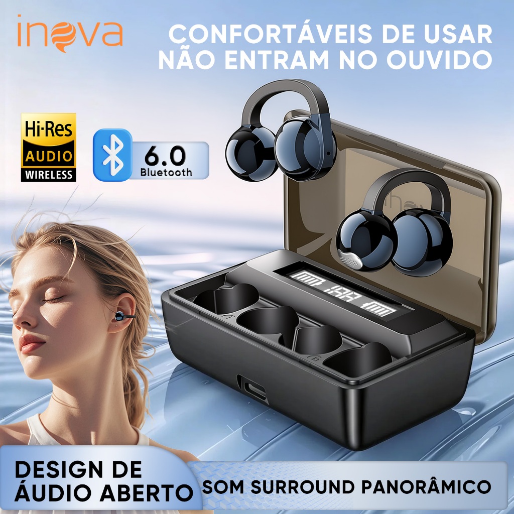 INOVA Fone sem fio Bluetooth novo fone aberto clipe com microfone chamadas nítidas alta fidelidade bateria longa