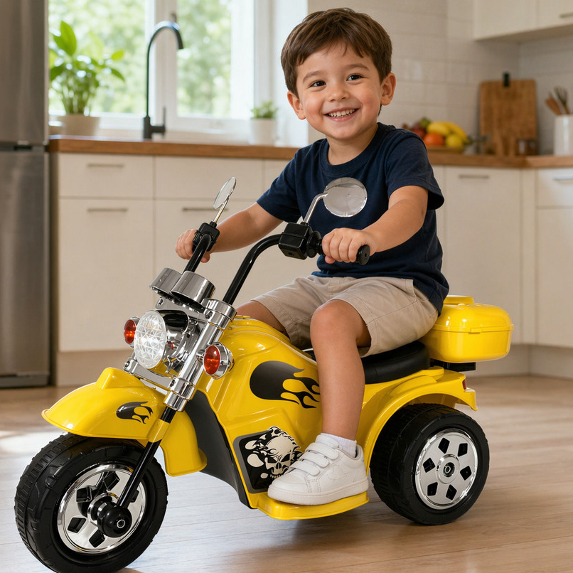 Mini Moto Elétrica Infantil 6V Amarela Triciclo Motorizado Criança 3 a 6 Anos Bateria Recarregável