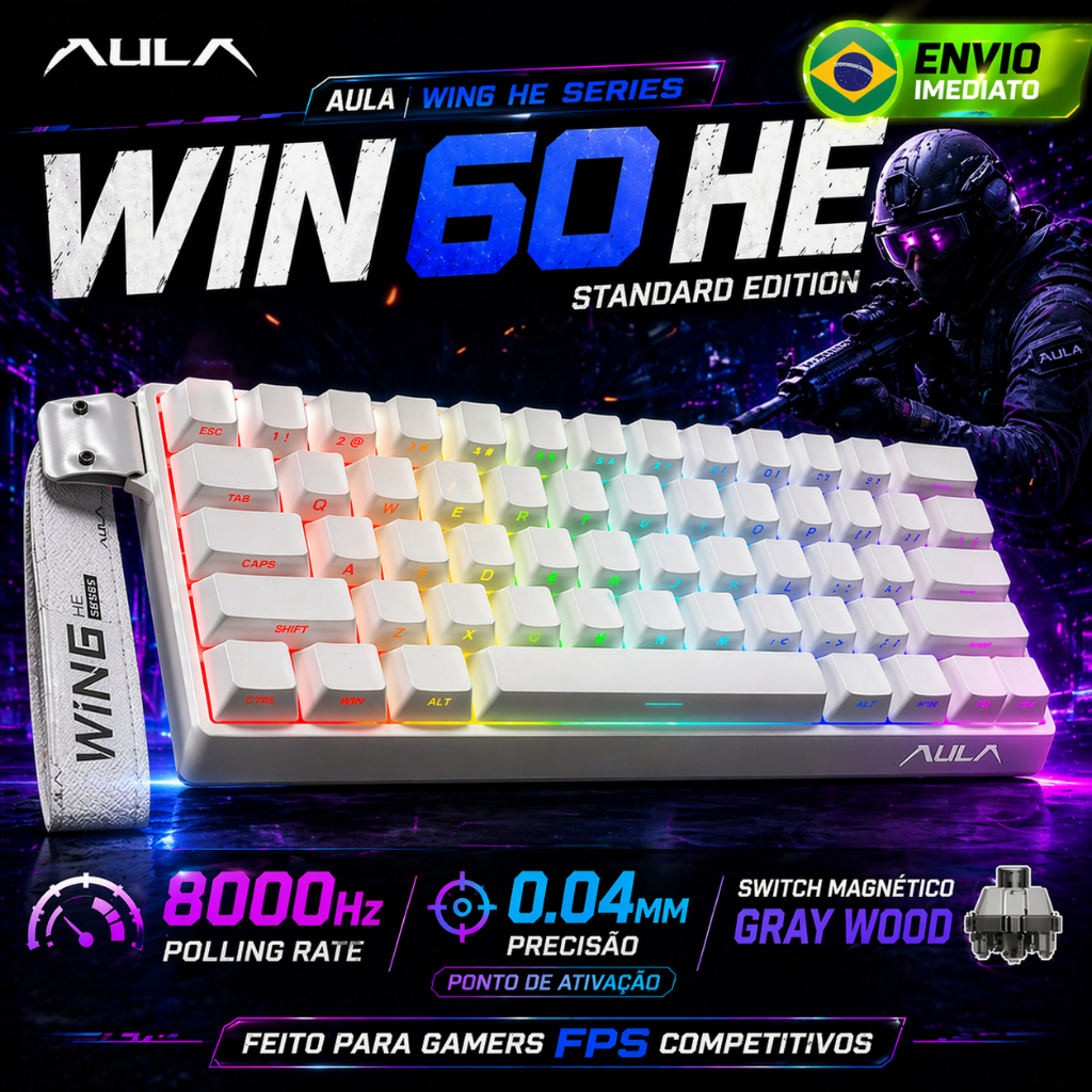 Teclado Mecânico Gamer Magnético AULA WiN 60HE, 60%, Magnético, 8000HZ, Ativação em 0.04mm, RGB