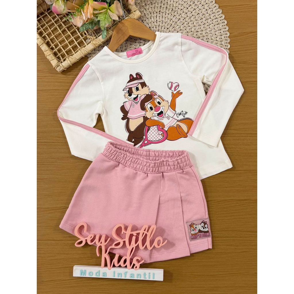 Conjunto Infantil Momi Inverno com Shorts Saia Rosa e Blusa Manga Longa Tico e Teco Disney