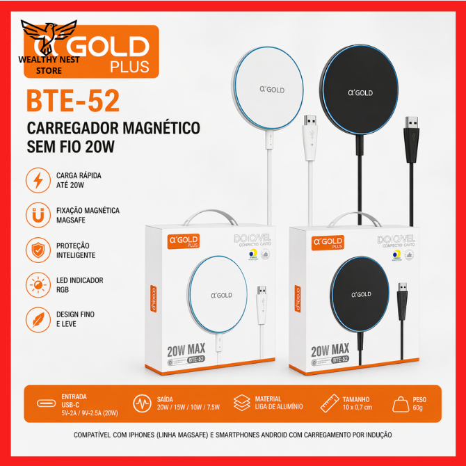 Carregador Magnético MagSafe 20W Sem Fio USB – A’Gold BTE-52 Carga Rápida - Carregador Compacto E Prático