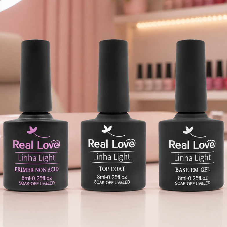 Kit 3 Preparadores Top Coat + Base em Gel + Primer Real Love 8 ml