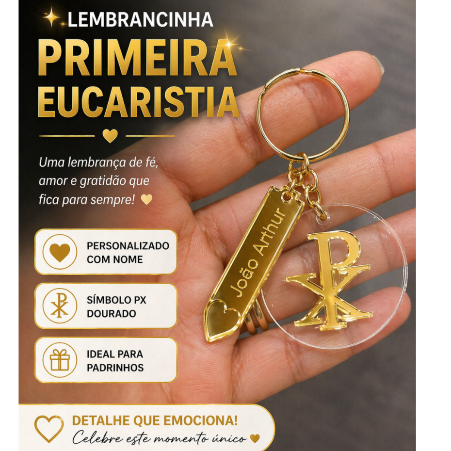 Chaveiro Personalizado Primeira Eucaristia com Nome Símbolo PX Dourado Lembrancinha