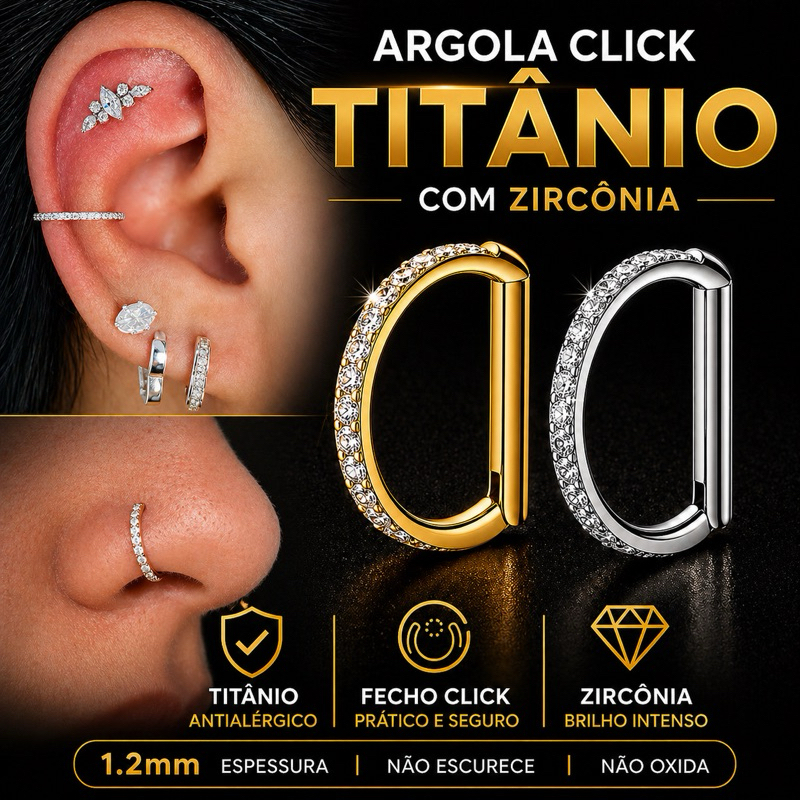 Piercing Argola Titânio Click Zircônia Segmento Hélix Conch Nariz Antialérgico