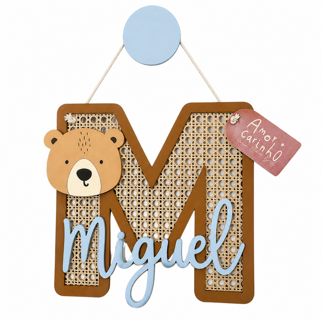 Porta Maternidade Letra Palhinha com Nome Personalizado | Ursinho MDF + Palha Indiana | Decoração Infantil Bebê