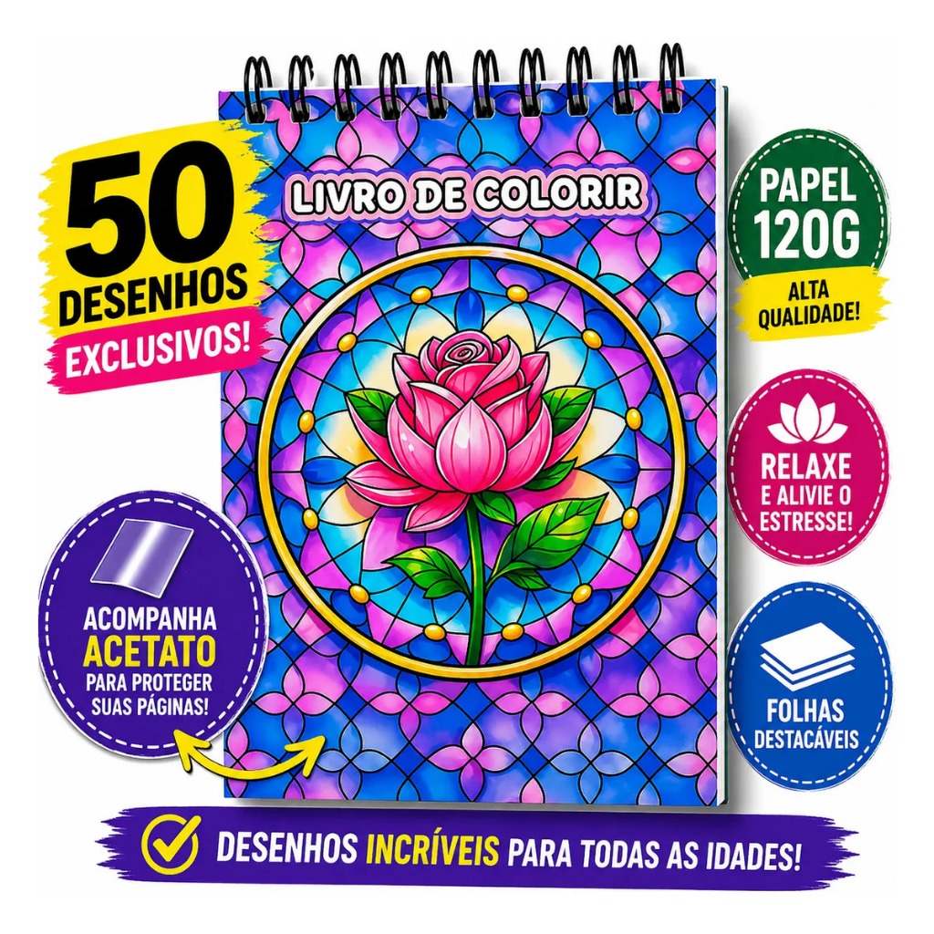 Livro de Colorir Flores Vitrais Antiestresse para Relaxar e Despertar a Criatividade A5 Adulto