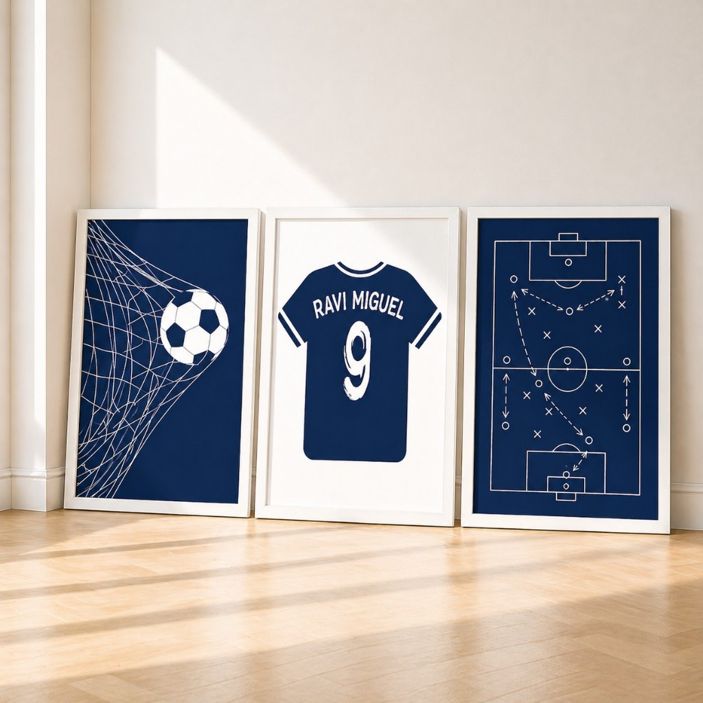 Kit 3 Quadros Futebol Personalizado com Nome Quarto Infantil Menino Camisa Bola Campo Decoração Moderna Moldura e Vidro