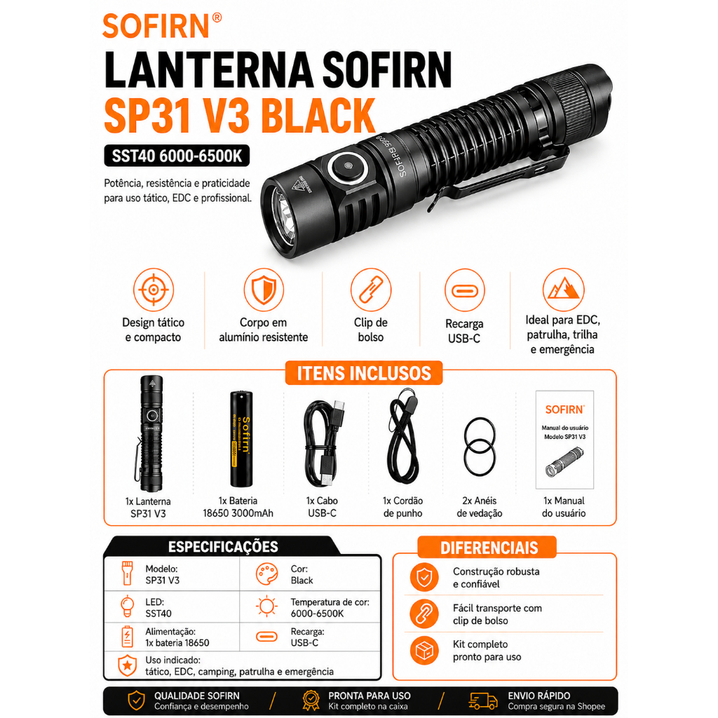 Lanterna Sofirn SP31 V3 Black SST40 6000-6500K USB-C Tática EDC Completa