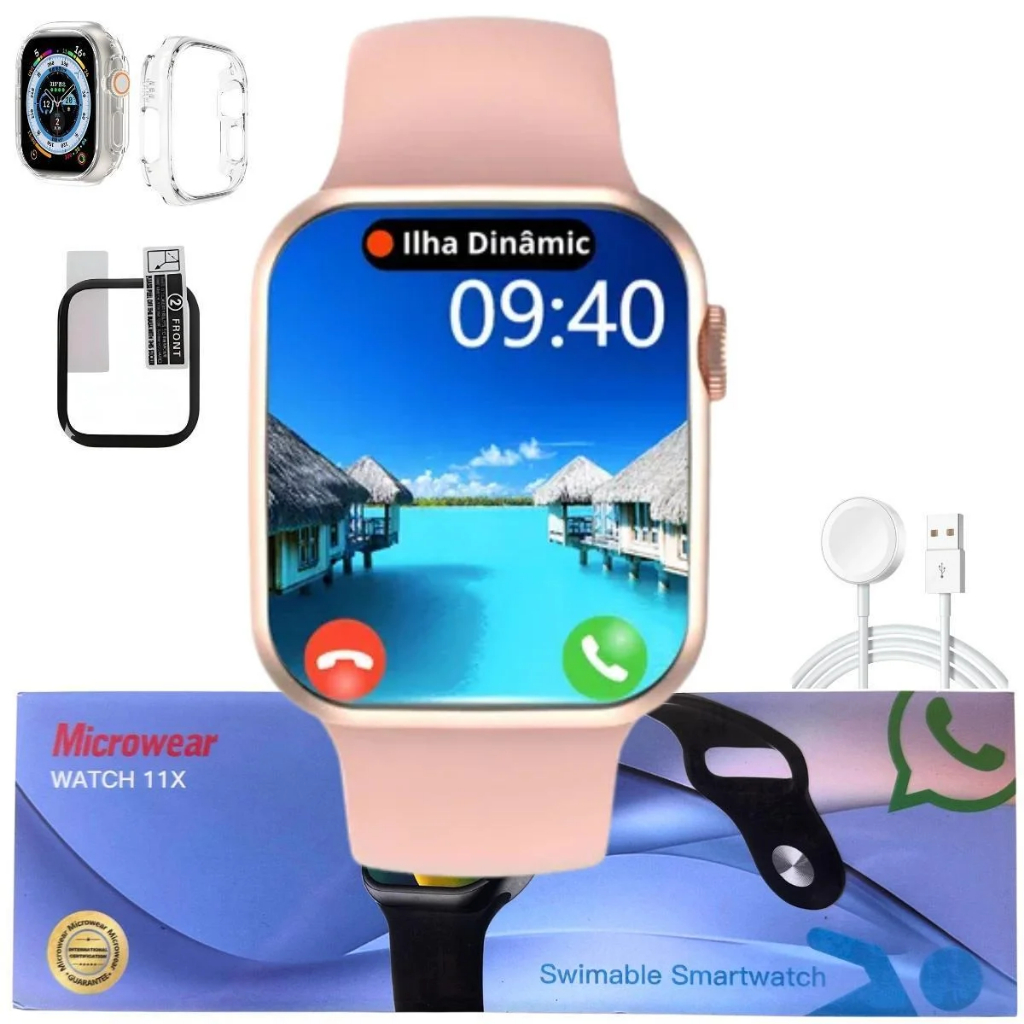 Relógio Smartwatch W11 X Série 11 Rosa Tela Oled 46mm IP68 NFC GPS Academia Corrida Natação Ciclismo