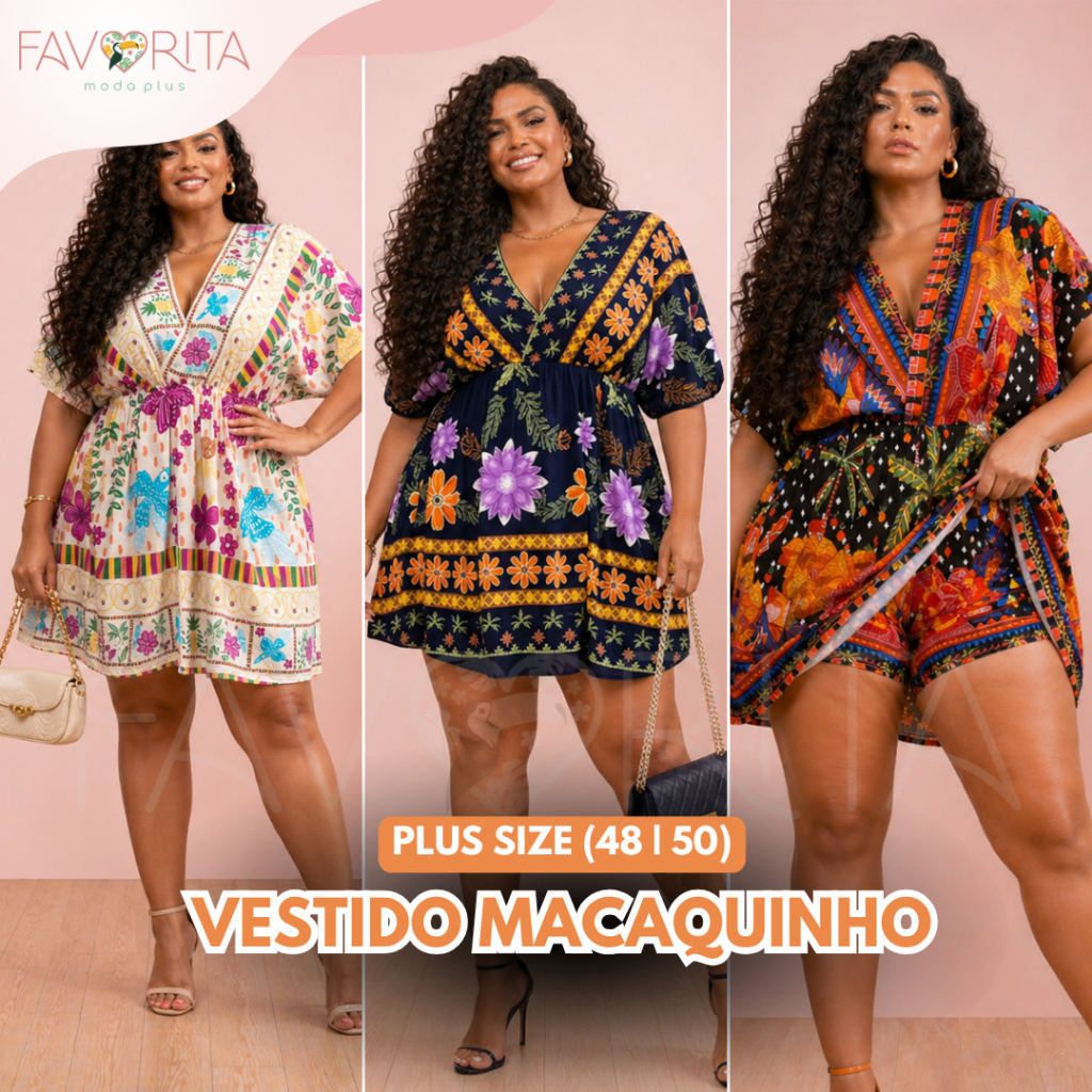 Vestido Macaquinho Plus Size com saia e Manga Morcego Estampa Tropical Verão