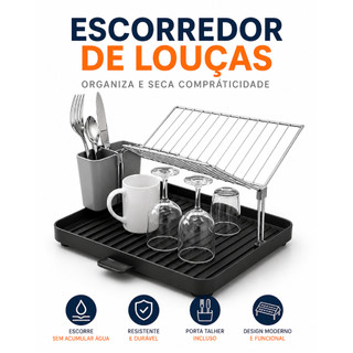 🏡 Escorredor de Louça Inox e Plástico Bandeja Porta Talher Organizador de Pia Suporte p/ Prato/Copo