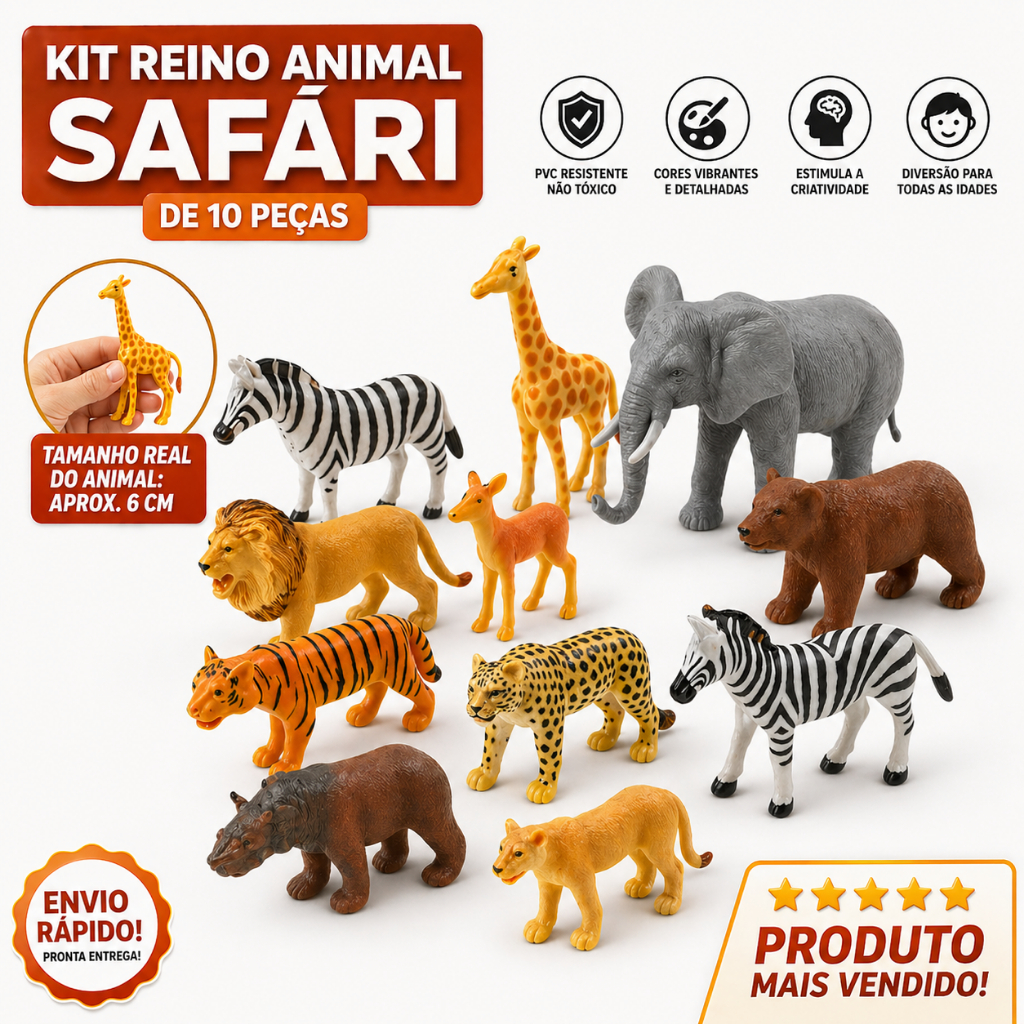 Kit Animais Safari Selvagens PVC 10 Peças | Brinquedo Infantil Educativo | Mini Animais para Maquete, Decoração