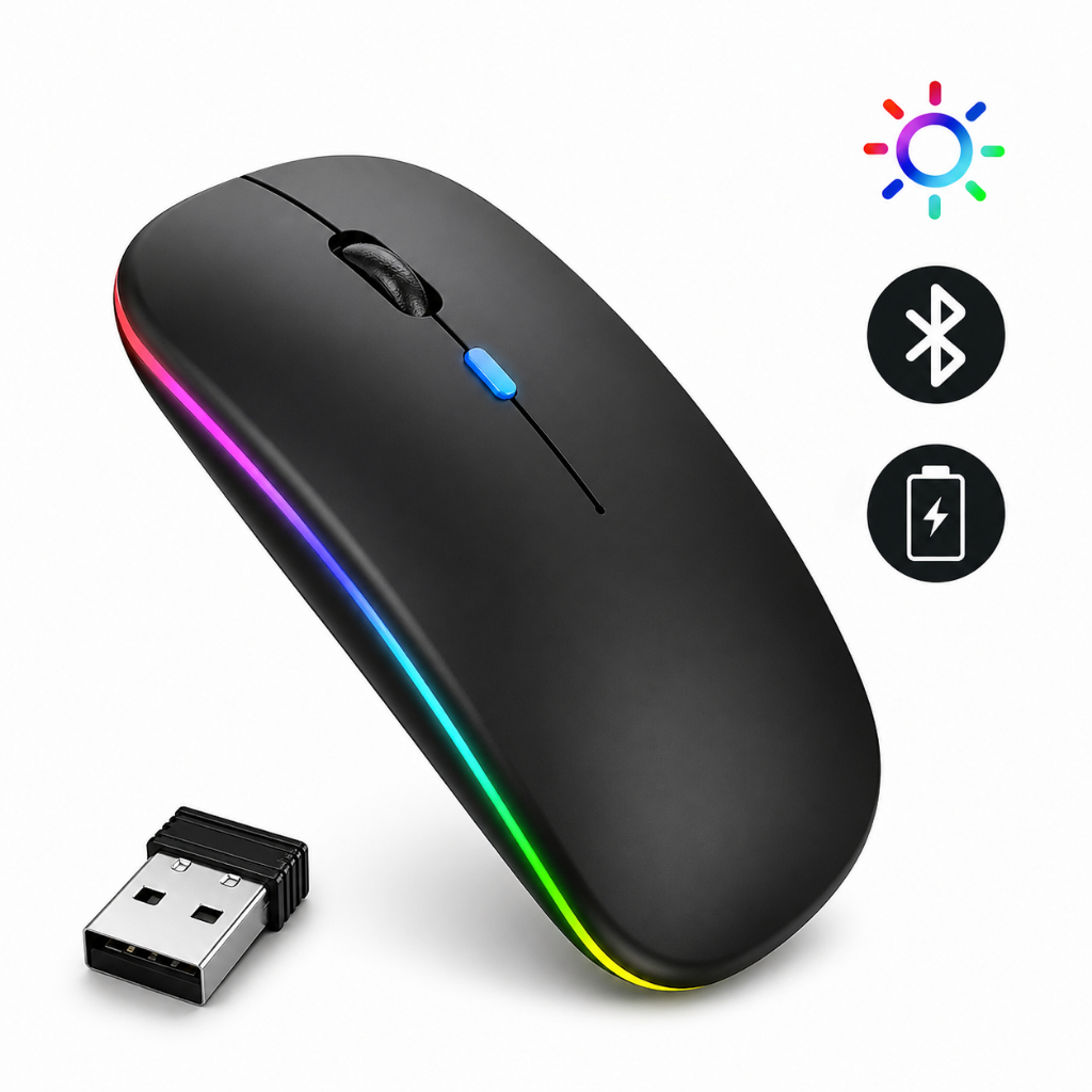 Mouse Sem Fio Wireless Recarregavel Led Rgb 2,4GHz Bluetooth Bateria Interna Ergonômico Silencioso
