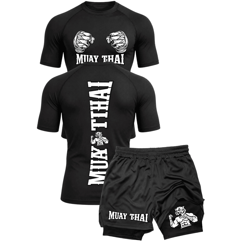 Kit Camiseta  + Short 2 em 1 Muay Thay Rash Guard Dry Fit Bermuda Compressão