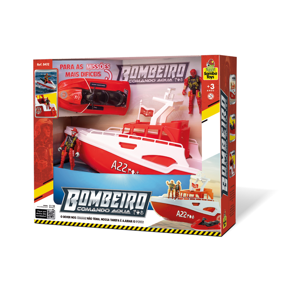 Barco Bombeiro Infantil Comando Aqua Com Bonecos e Moto Aquática Navio de Resgate Brinquedo +3 Anos