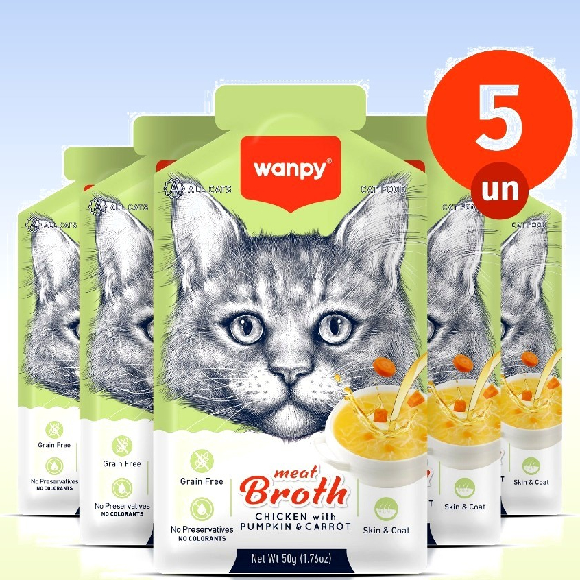 Kit 5 Petisco Truly Wanpy Sopa para Gatos Frango Abóbora Cenoura 50 G