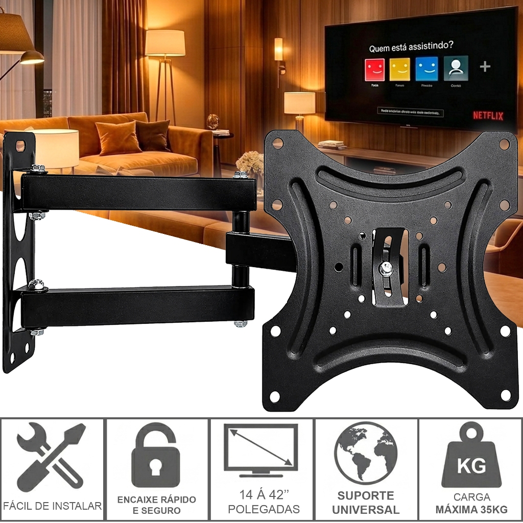 Suporte Tri Articulado Tv Monitor 14 a 42 Polegadas Reforçado Suporta 35kg Parede Rotaciona Inclina