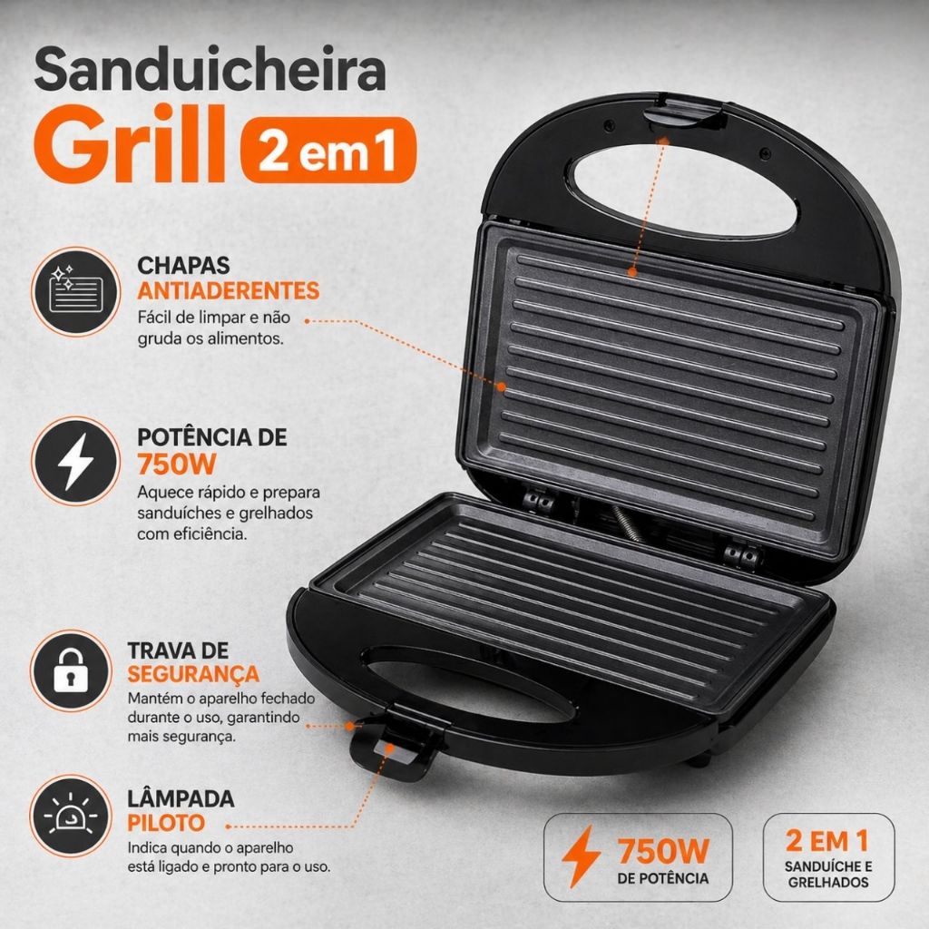 Sanduicheira Grill Elétrica 2 em 1: Grelhados Saudáveis e Rápidos com Prensa Dupla Antiaderente