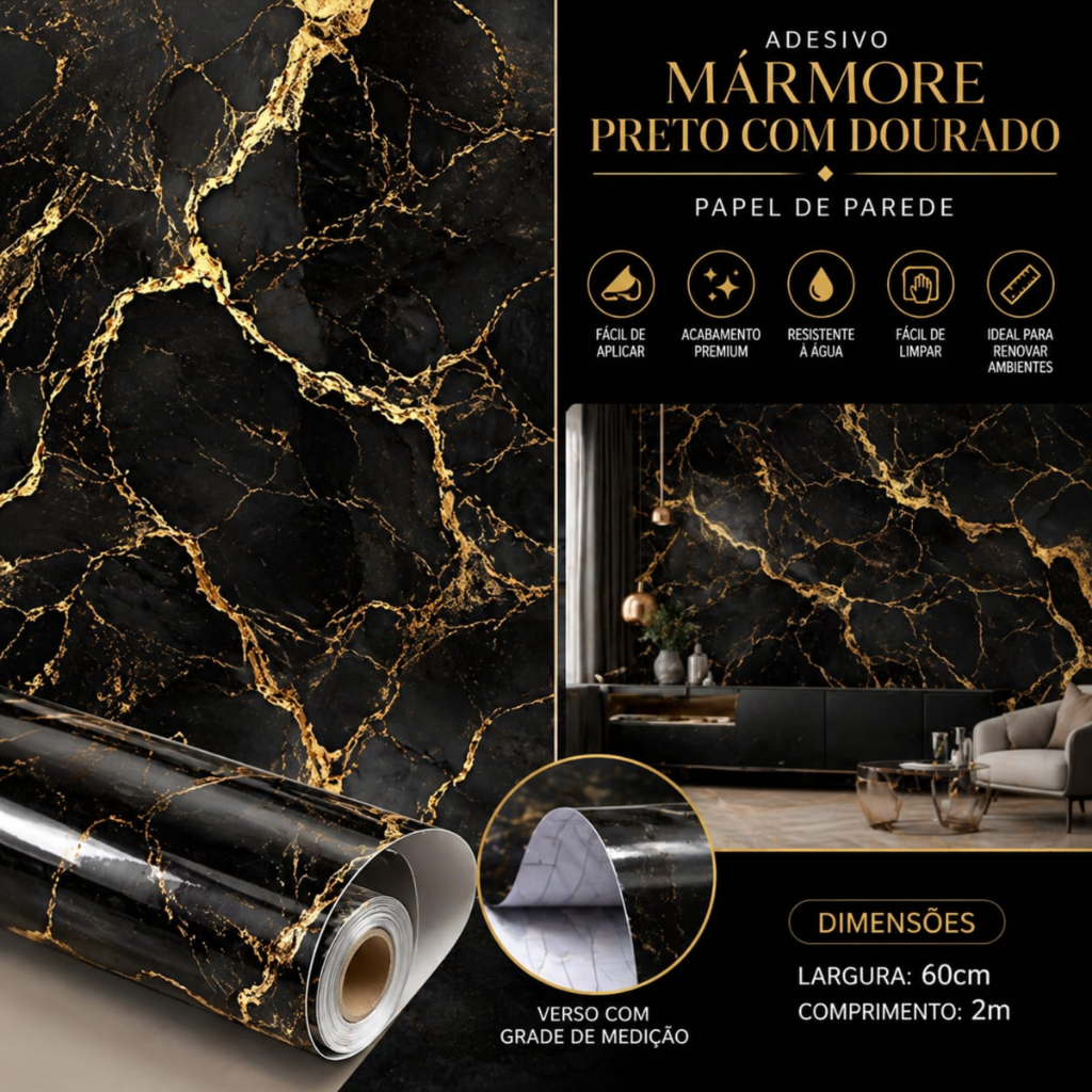 Papel de Parede Adesivo Mármore Preto Branco e Cinza com Dourado Premium
