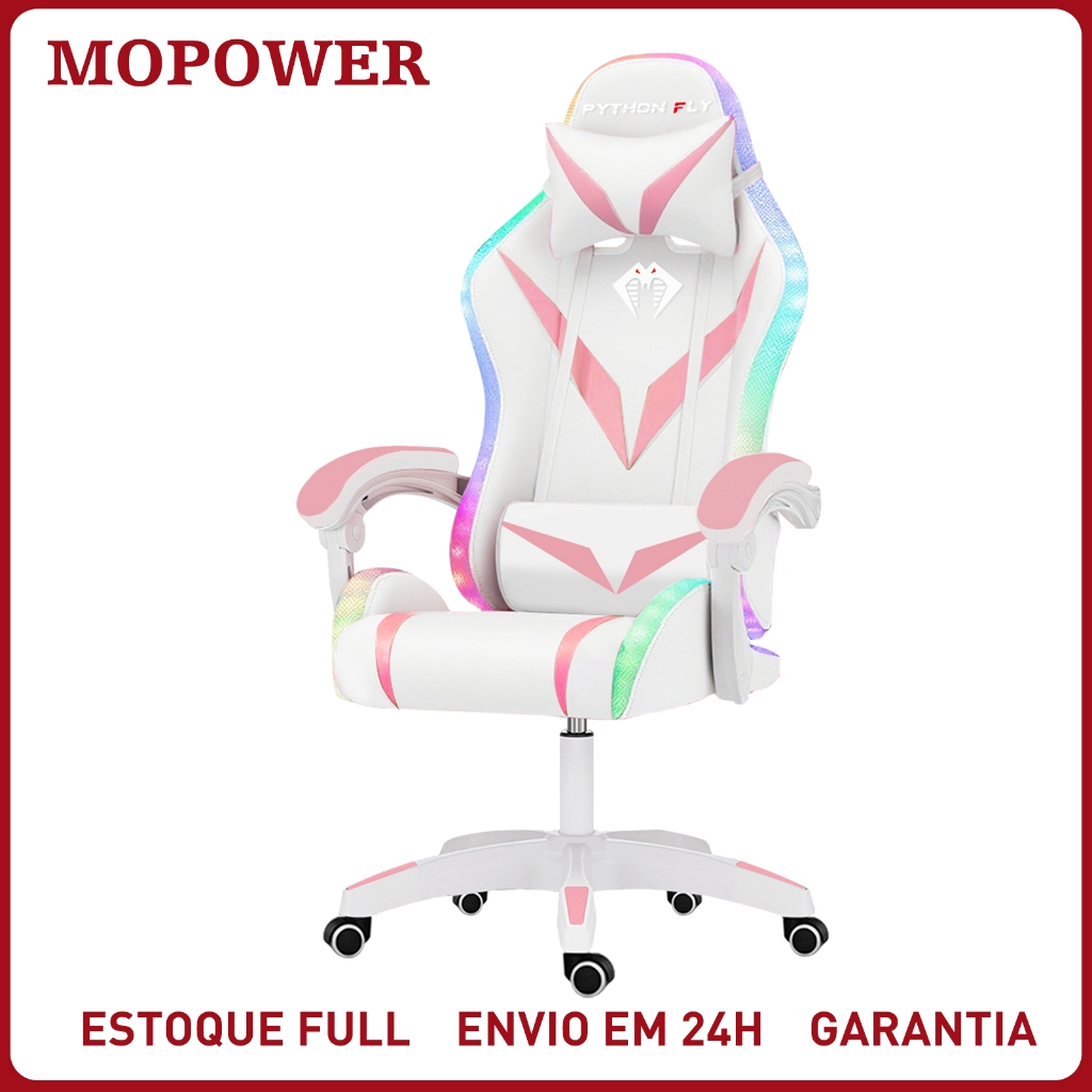 Cadeira Gamer RGB LED Reclinável Ergonômica Giratória 150kg Couro PU Escritório Home Office Streamer Controle
