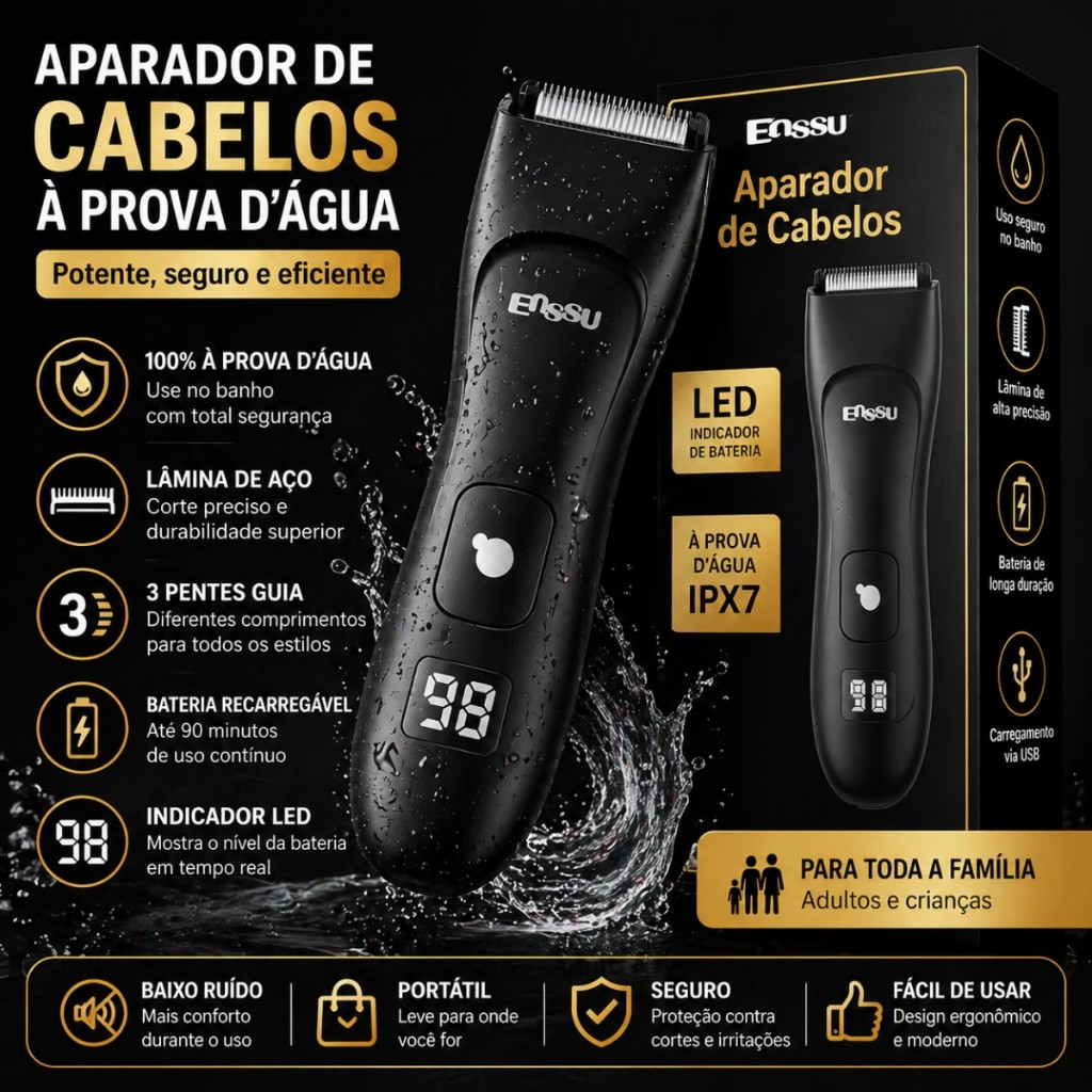 ENSSU Aparador de Pêlos Corporais Profissional IPX7 À Prova d'Água com Display LED