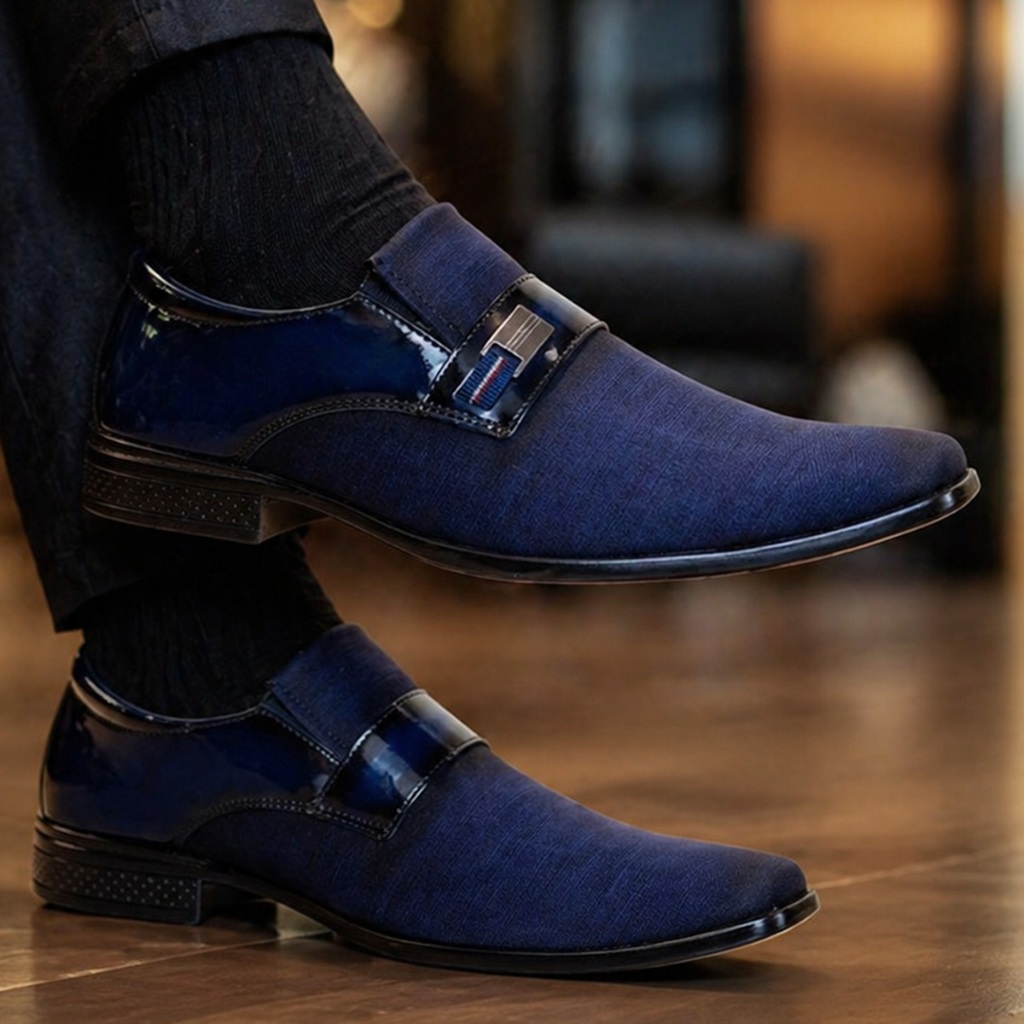 Sapato Social Masculino Azul Verniz Calce Facil Moderno Confortável Para Tabalho Formaturas Igreja