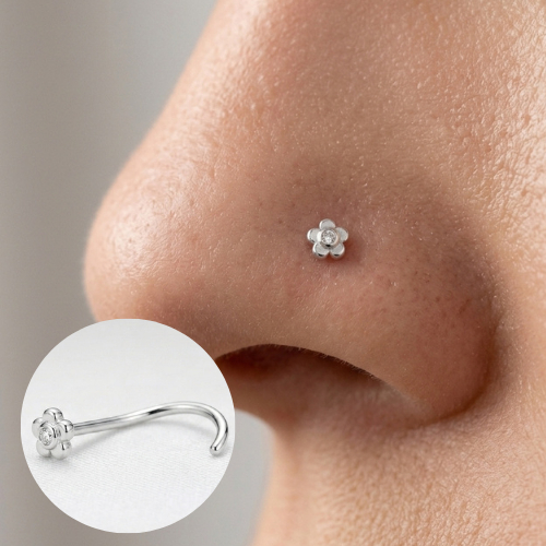 Piercing Nariz  Nostril Flor Cravejada - Prata 925 Legítima - Antialérgico