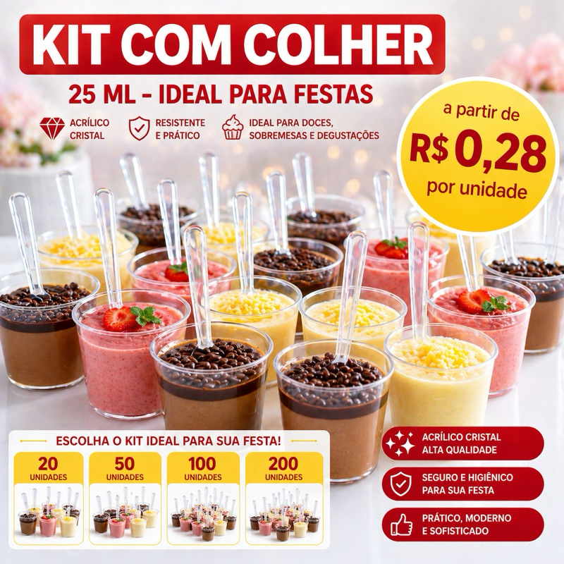 20~200 Und COPINHO 25 ML BRIGADEIRO ACRÍLICO + MINI COLHER para Doces, Degustação, Festa Sobremesa