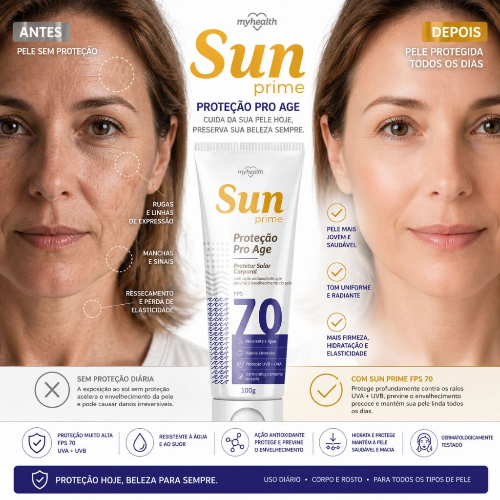 Protetor Solar Sun Prime Loção FPS 70 Proteção Completa Raios UVA e UVB Previne Envelhecimento 100g