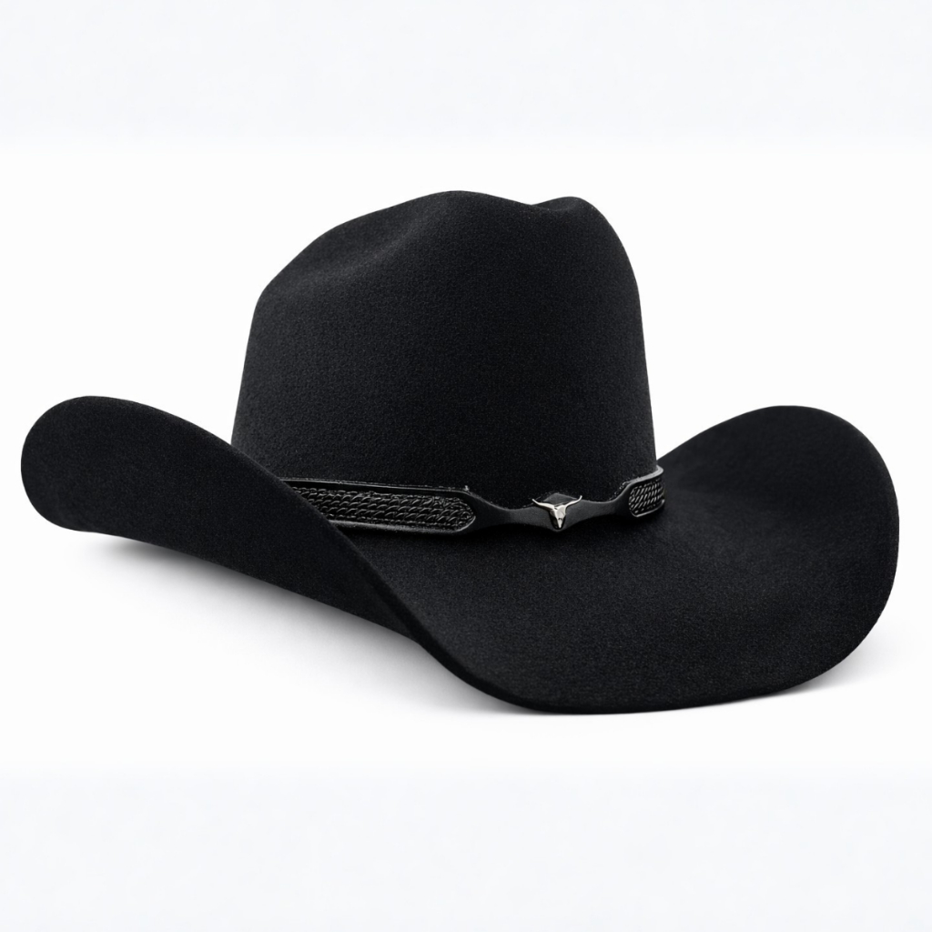 Chapéu Country Cowboy Estilo Americano Preto Bandinha de Couro Feltro Aba 10 Rodeio Vaquejada Unisex