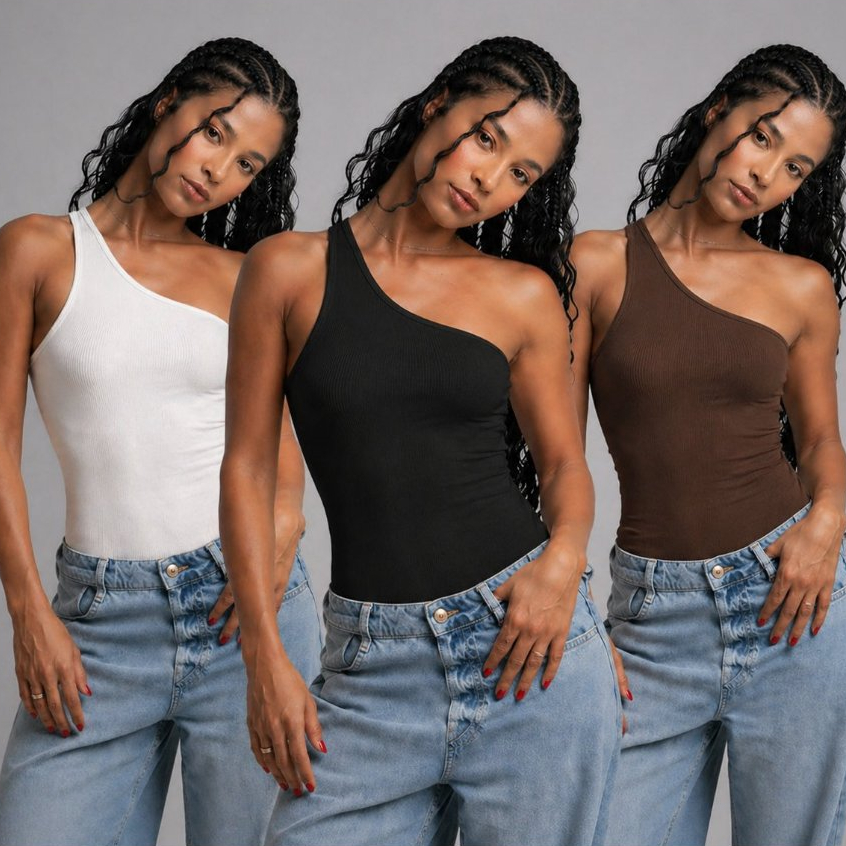 Kit 3 Blusas Cropped Femininas Um Ombro Ribana Canelada Forro Duplo