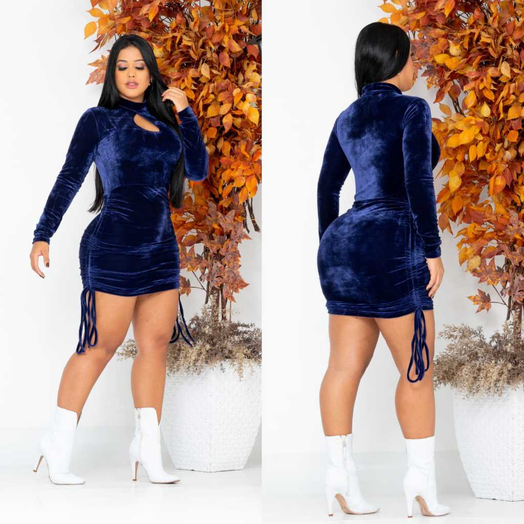 Vestido Veludo manga Longa gola alta para inverno