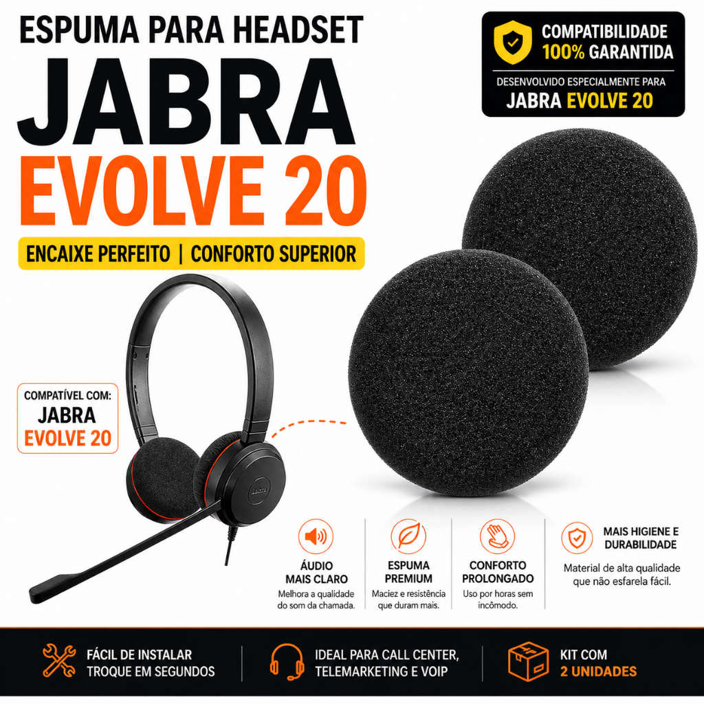 Espuma Almofadas Substitutas para Headset Jabra Evolve 20 – Espuma com Memória Macia