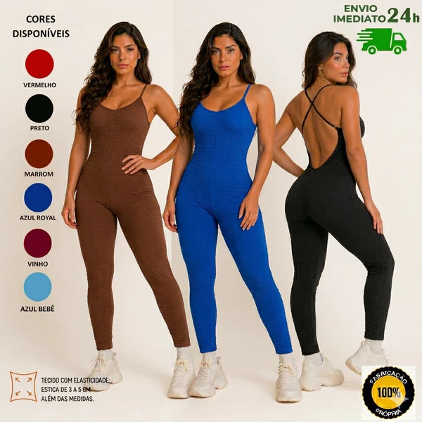 Macacão feminino Longo Academia canelado Anarruga Costa X