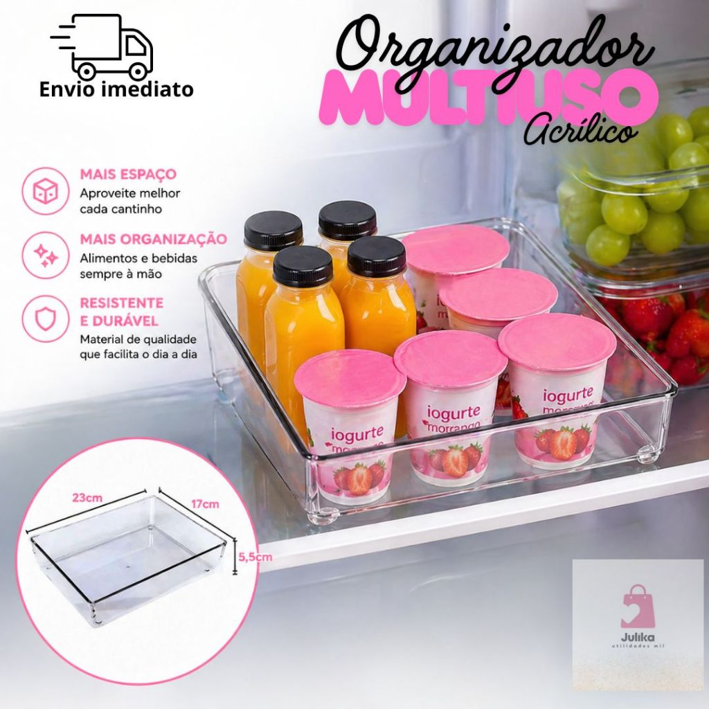 Organizador Multiuso Acrílico Transparente Geladeira Gaveta BPA Free