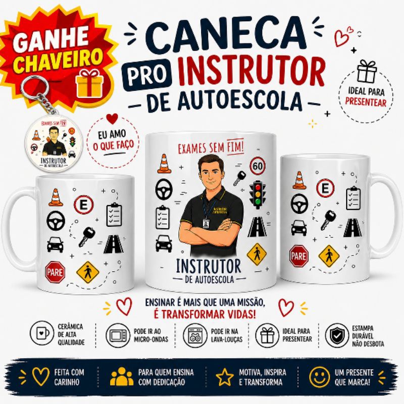 Caneca Personalizada Instrutor de Autoescola Com Brinde Chaveiro