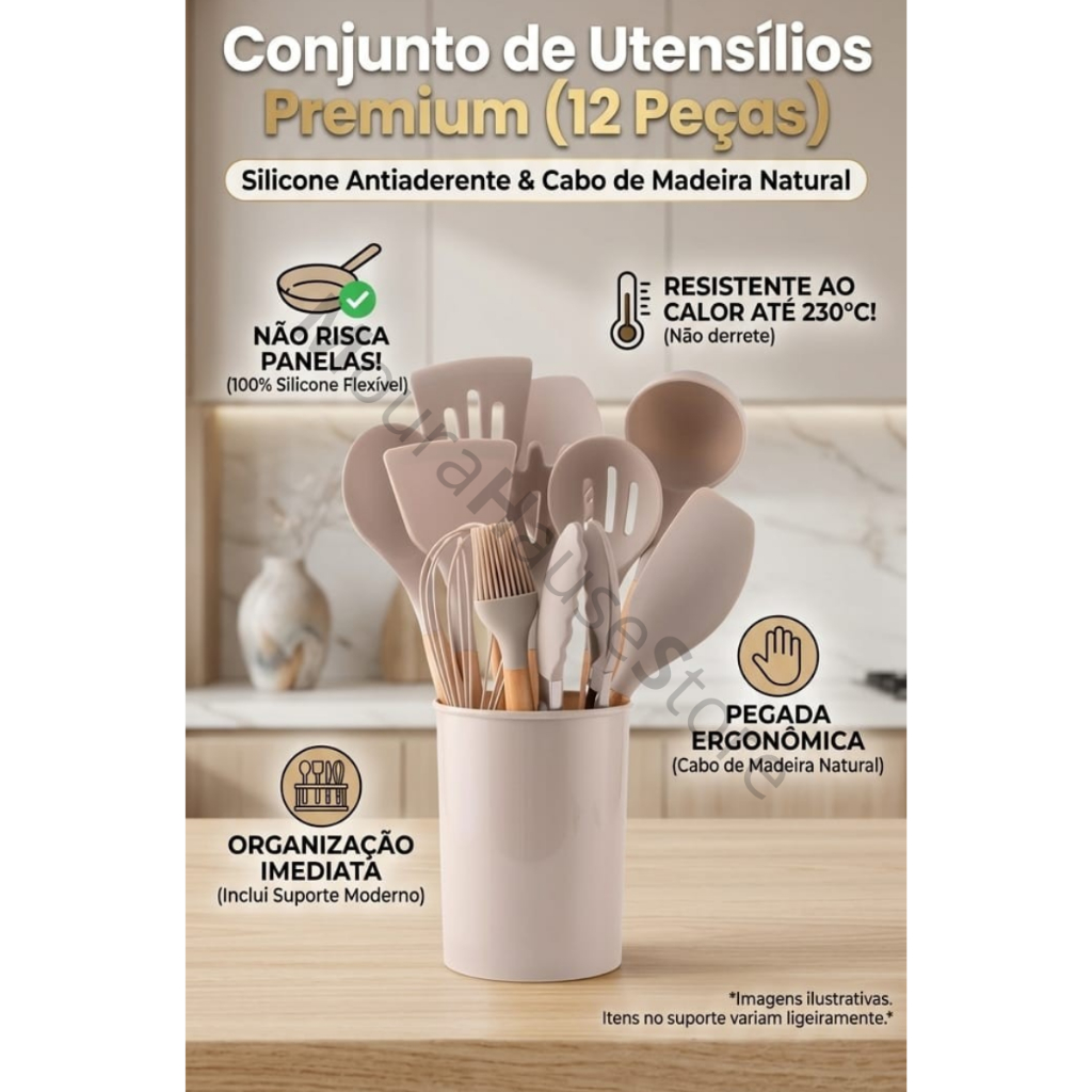 Kit Utensílios Silicone para Cozinha 12 Peças Conjunto Bege Premium Antiaderente Resistente Jogo