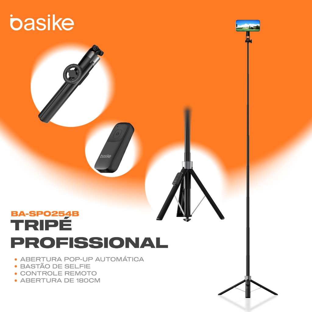 Basike Magnético Bastão Selfie Tripé 1.8M 360° com Controle Bluetooth Sem Fio para Celular e Vlog