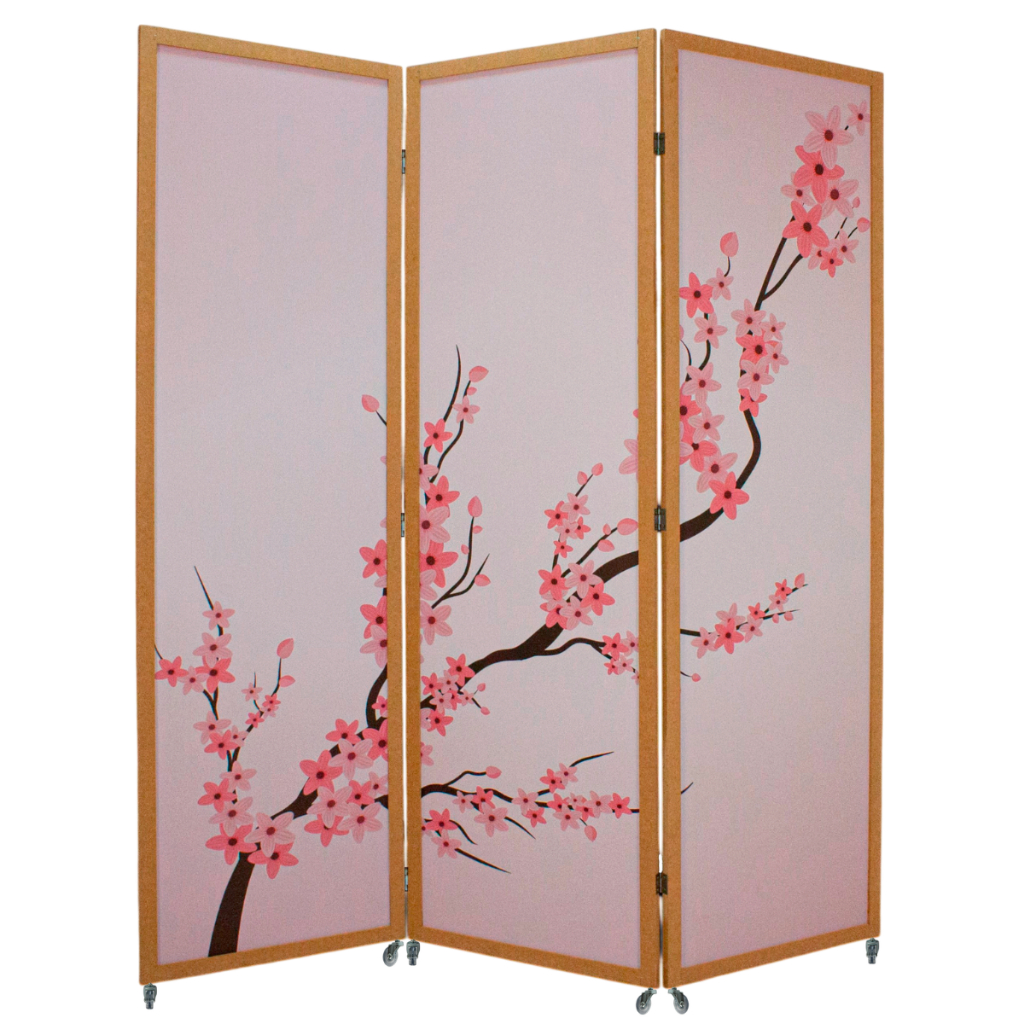 3 Biombo Inteiro Oriental Rodinha Divisor Ambiente Japonês Divisória Separador Sakura Cerejeira Mdf Sanfonado Rodízio